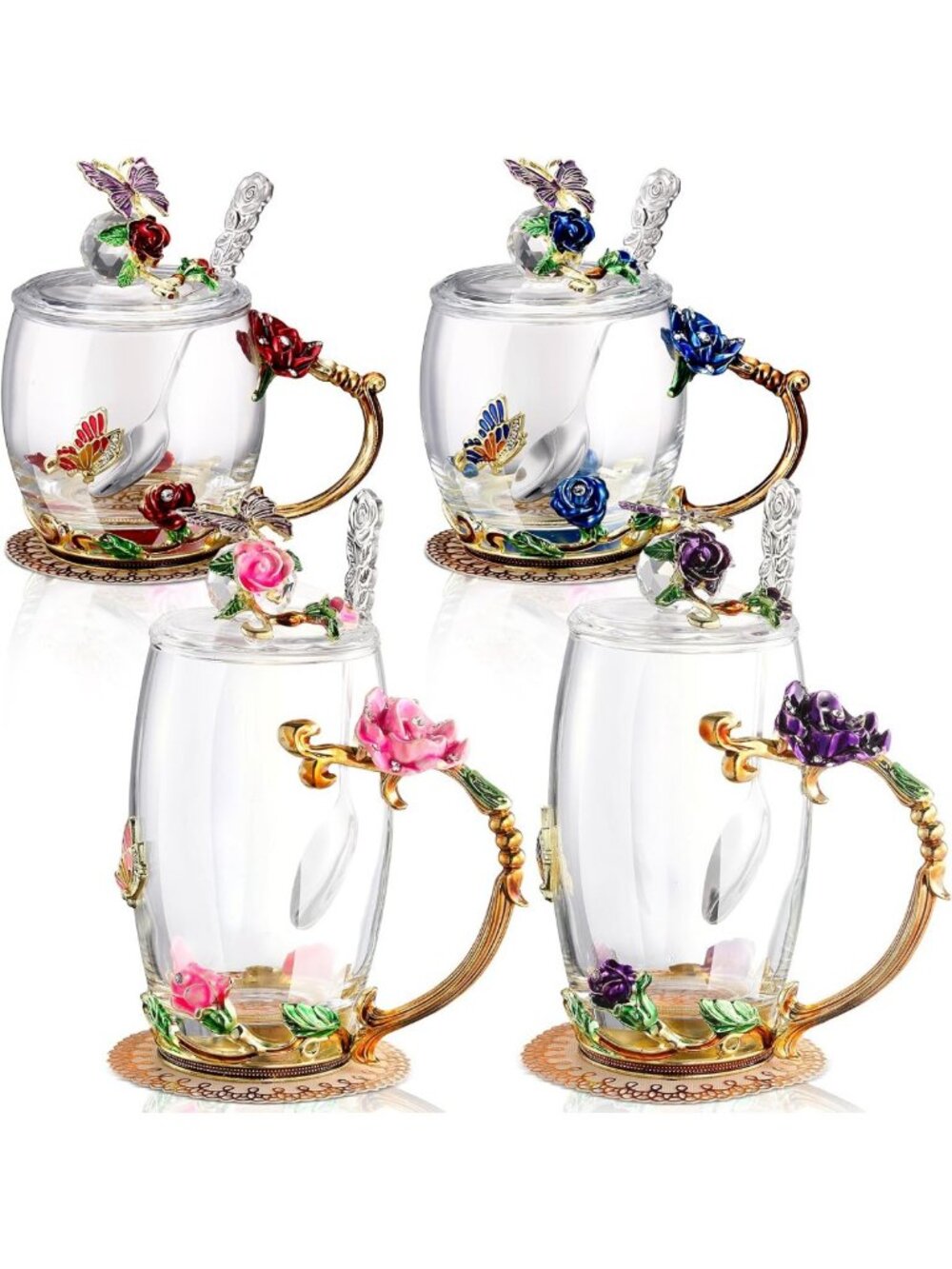 Set of 4 Colorful Flower Glass Tea Cups - Pink, Purple, Blue, Red - 11oz/12oz